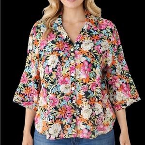 Talbots Cottagecore Linen Blouse Ditzy Floral Boho Top Feminine Size 12P Petite